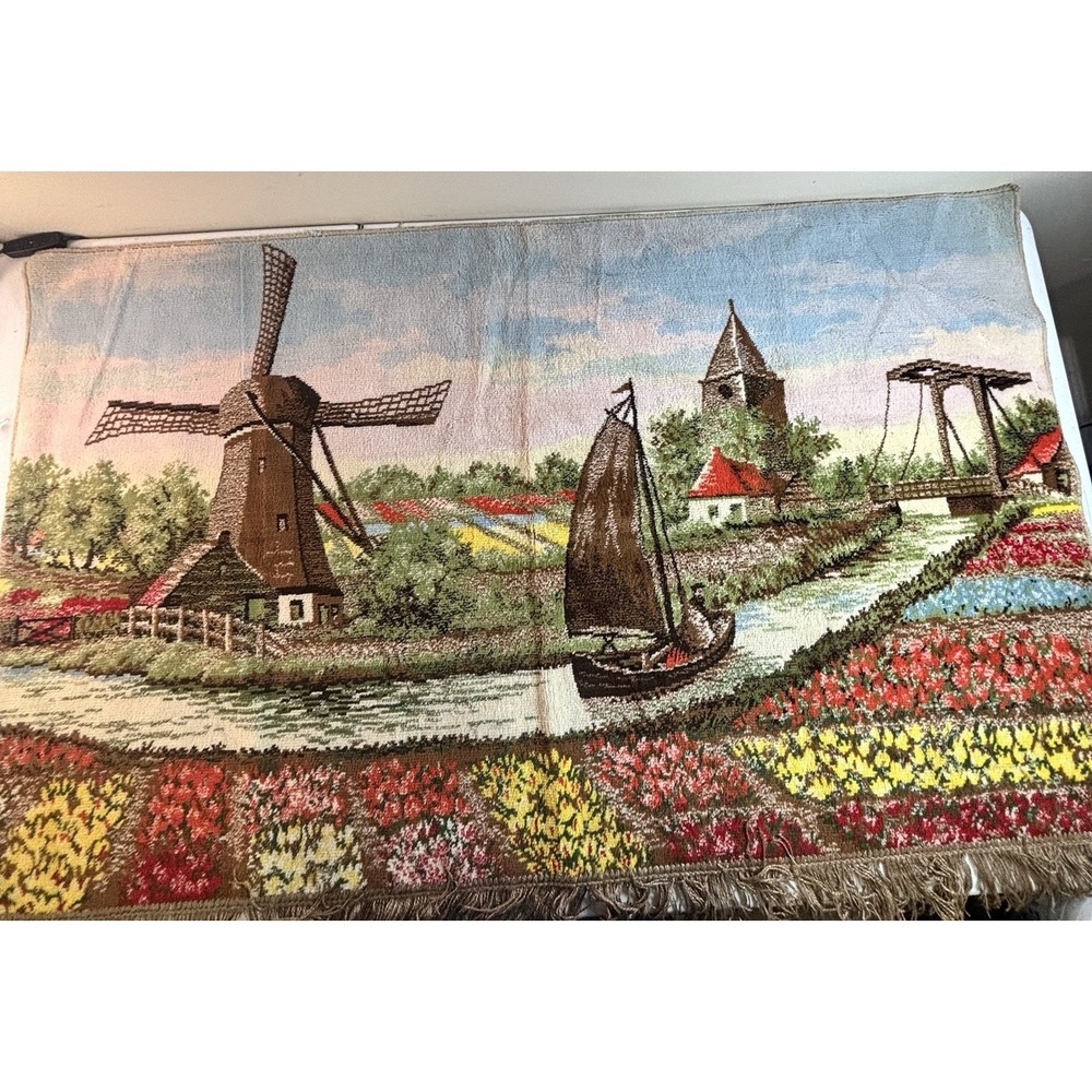 Vintage Dutch Waterways River Wall Tapestry Rug Art Windmill Tulip Fields 25x43